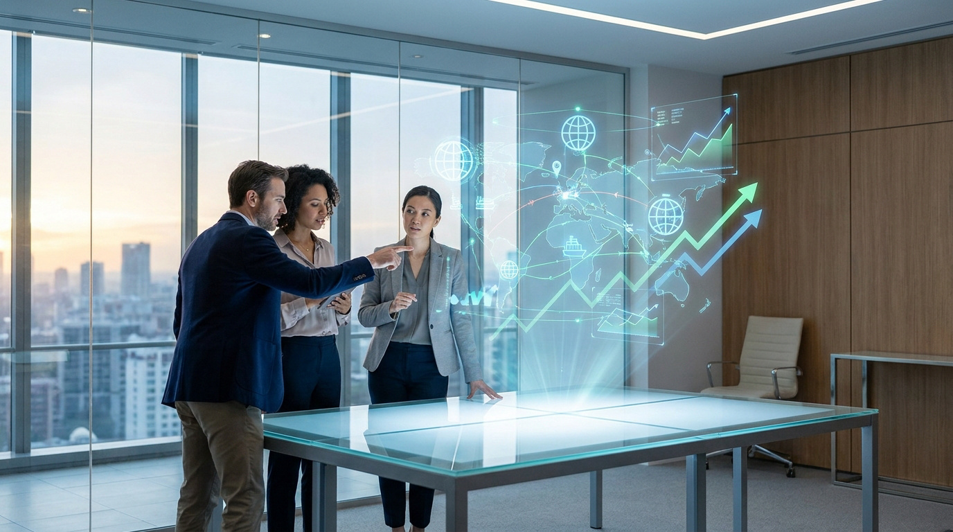 Trois professionnels analysant des données holographiques de supply chain avec carte mondiale et graphiques de croissance dans un bureau moderne.