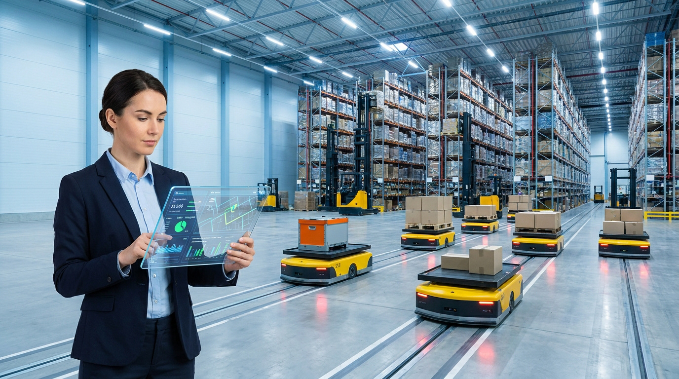 Femme consultant une tablette dans un entrepôt automatisé avec robots AMR et chariots élévateurs, illustrant la logistique 3PL.