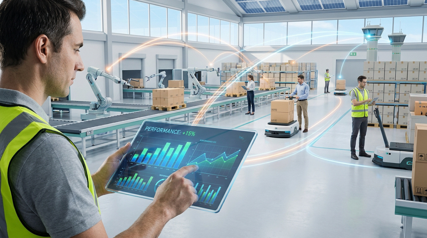Opérateur avec tablette holographique supervise un entrepôt automatisé où robots et humains gèrent des colis, illustrant la logistique 4.0.