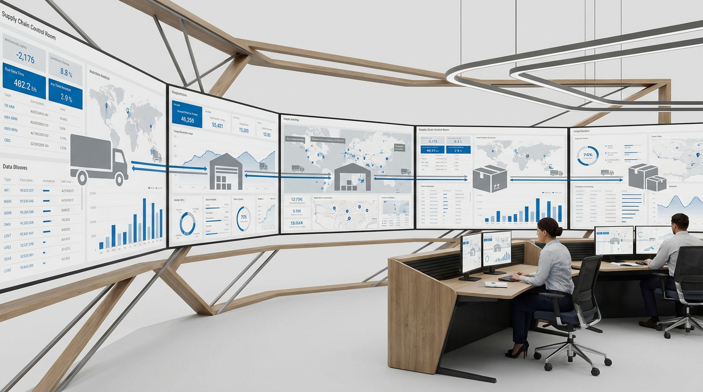 Salle de contrôle logistique moderne avec écrans de suivi de la supply chain