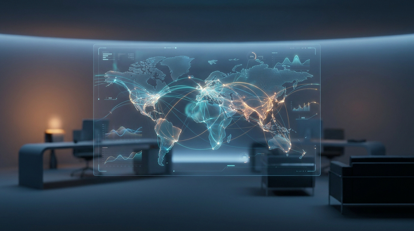 Un écran holographique affiche une carte du monde connectée, avec des données et graphiques, dans un bureau futuriste.