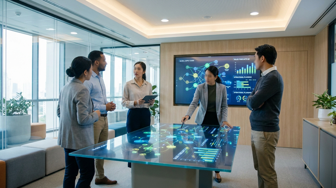Équipe professionnelle analysant des données S&OP sur une table tactile interactive dans une salle de conférence moderne.