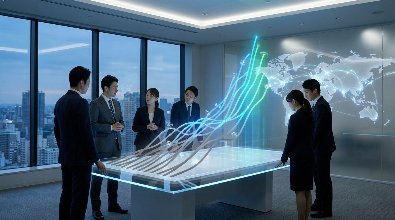 Équipe d'affaires analysant des données holographiques de supply chain sur une table tactile.