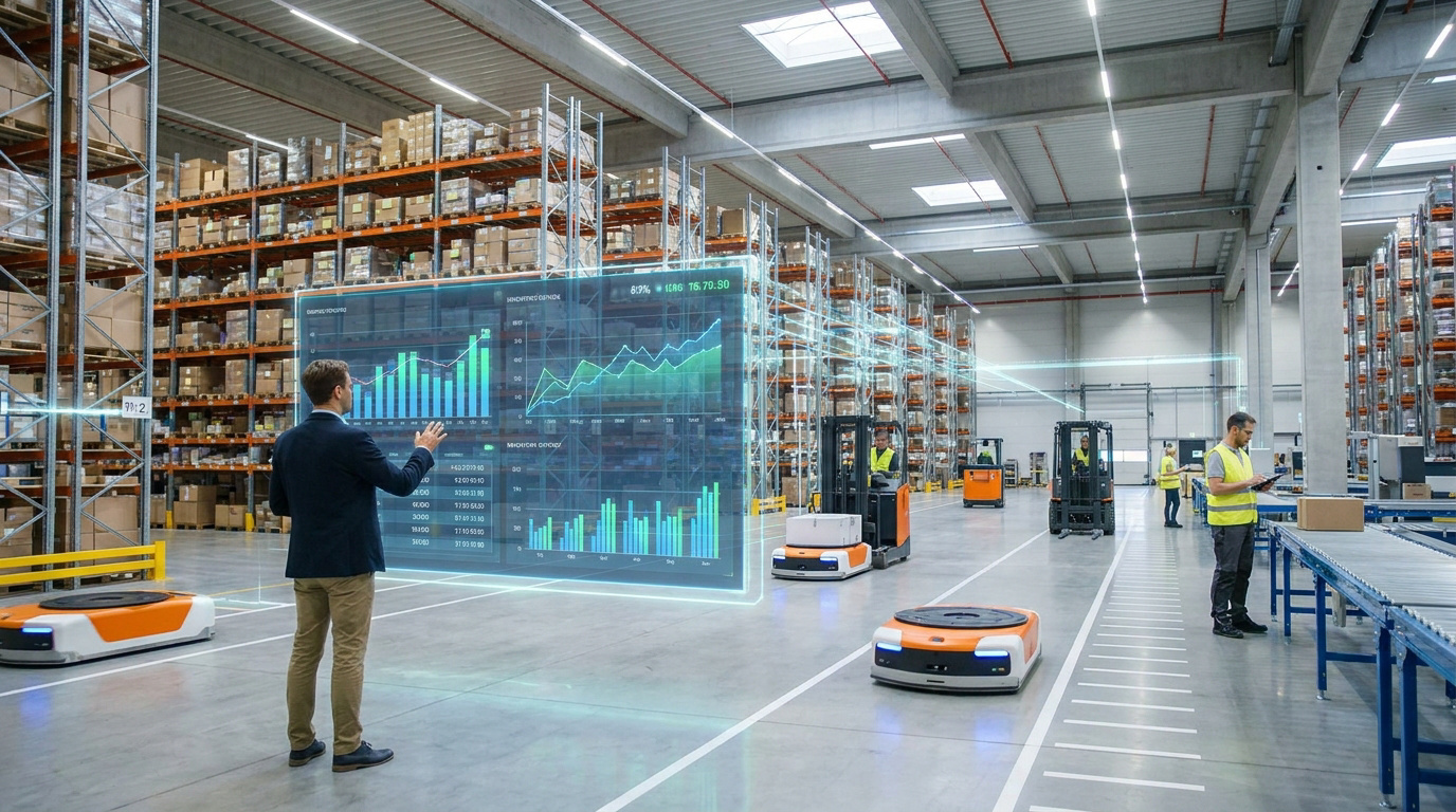 Un gestionnaire examine des graphiques de données en réalité augmentée dans un entrepôt automatisé avec des robots.