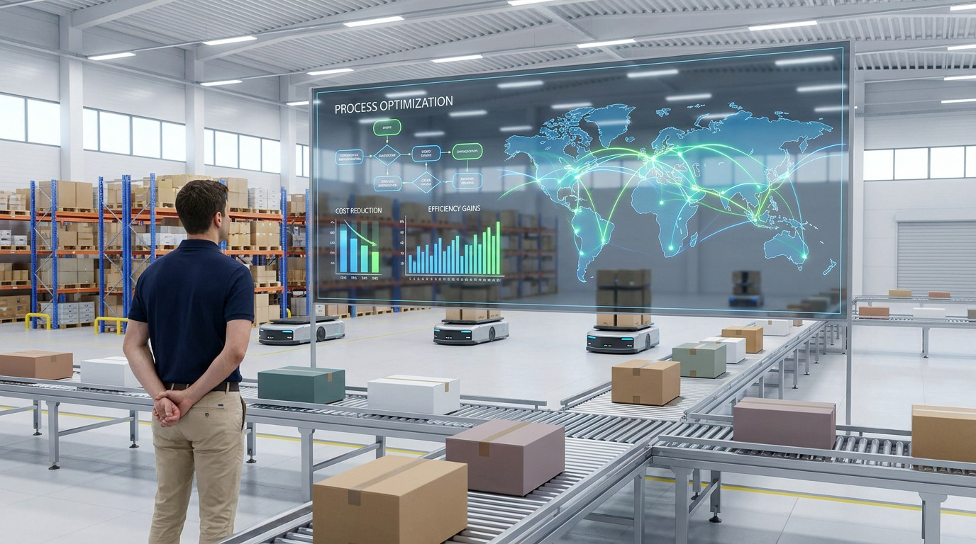 Un employé observe un écran holographique affichant des données logistiques dans un entrepôt automatisé.