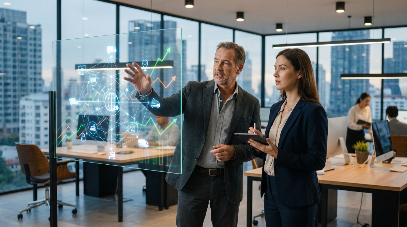 Deux professionnels analysant un écran tactile affichant un réseau logistique mondial connecté dans un bureau moderne.