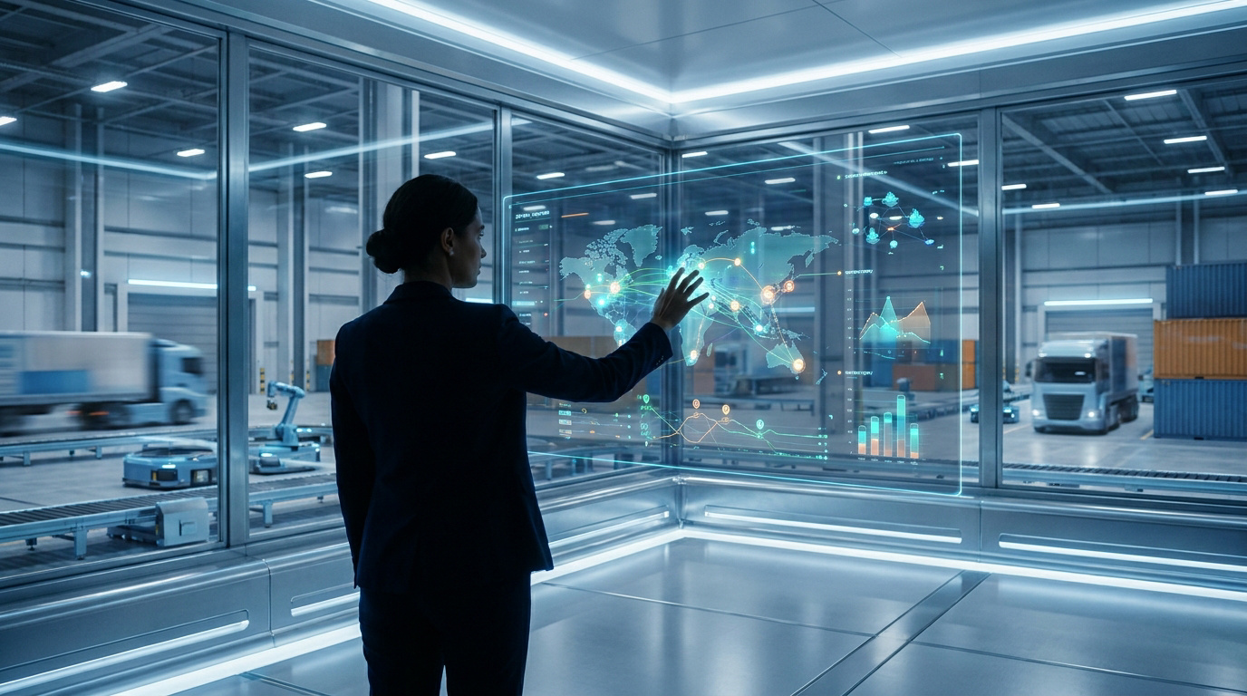 Une responsable utilisant une interface holographique pour surveiller les flux logistiques mondiaux en temps réel.