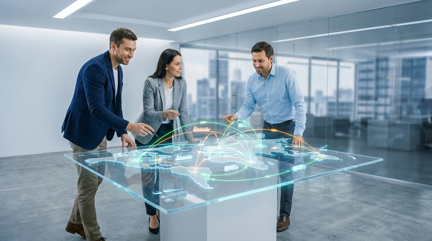 Trois professionnels examinant une carte interactive de logistique mondiale sur une table tactile holographique.