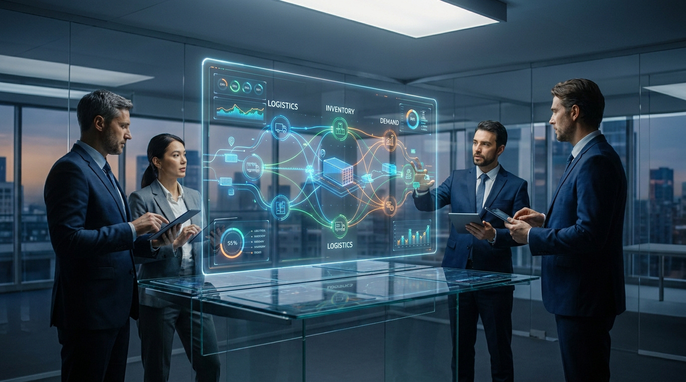 Équipe de professionnels analysant un tableau de bord numérique holographique de supply chain dans un bureau moderne.