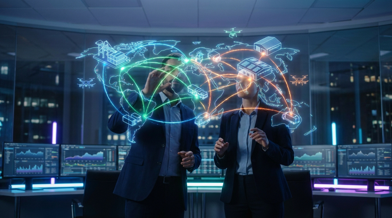 Deux professionnels analysant une carte du monde numérique représentant des flux logistiques mondiaux dans un centre de contrôle.