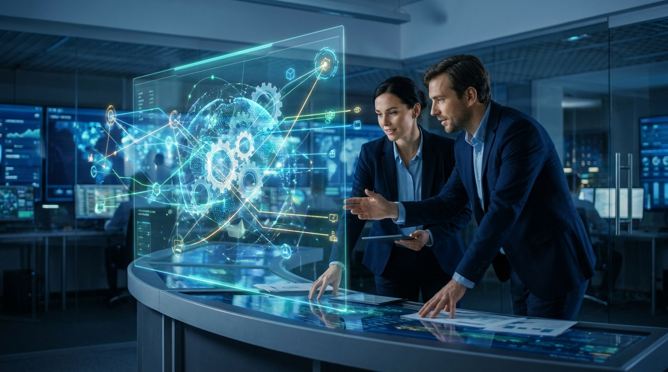 Deux professionnels analysent une interface holographique futuriste représentant une chaîne logistique mondiale.